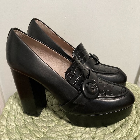New Gianni Bini Black Leather Croc Chunky Platform Heel 90’s Loafers Size 10 - Picture 2 of 8